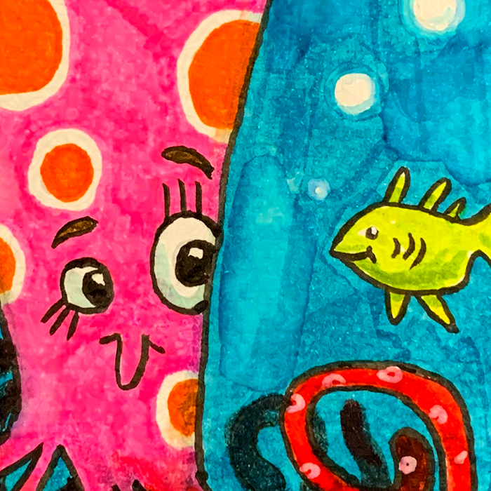 thumbnail of pink face and green fish talking, watercolor-ish painting